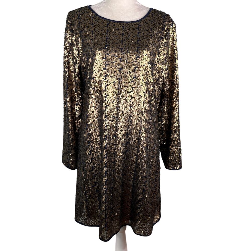 NY Collection Sequined Sheath LS Dress Large Gold Navy New